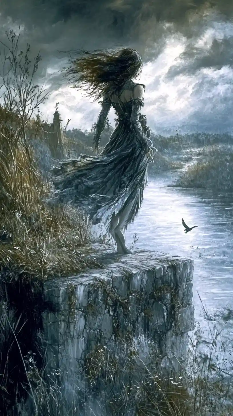 Donna elegante in piedi da sola su una tranquilla riva del fiume