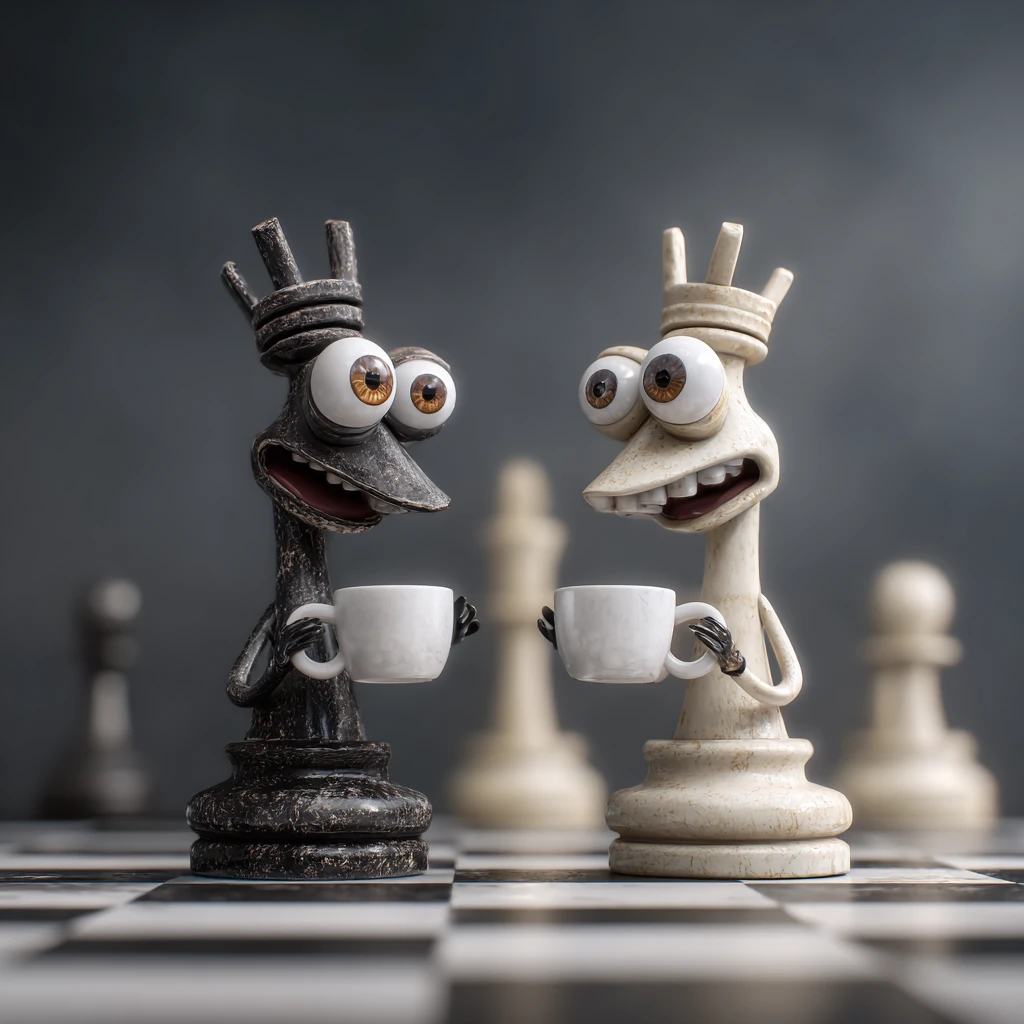 Playful chess pieces with big eyes on glowing board