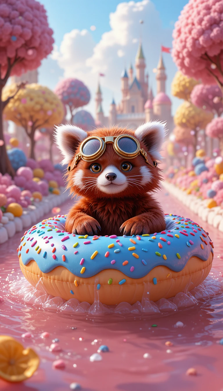 Panda Rosso che Fluttua in una Ciambella su un Fiume di Pink Lemonade