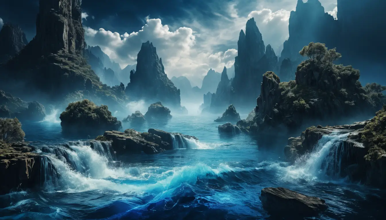 Epic fantasy waterscape with powerful cascading blue water