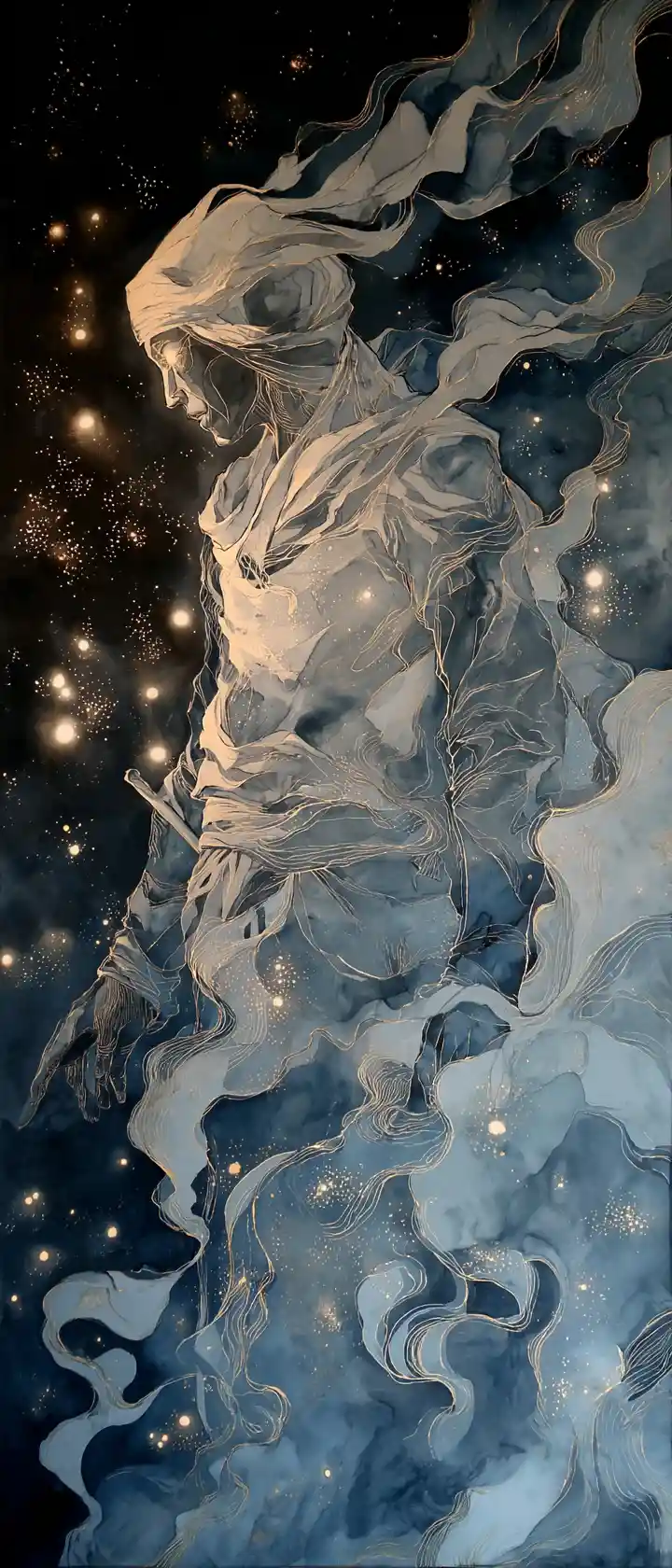Ghostly arab warrior dissolving into fireflies above sea
