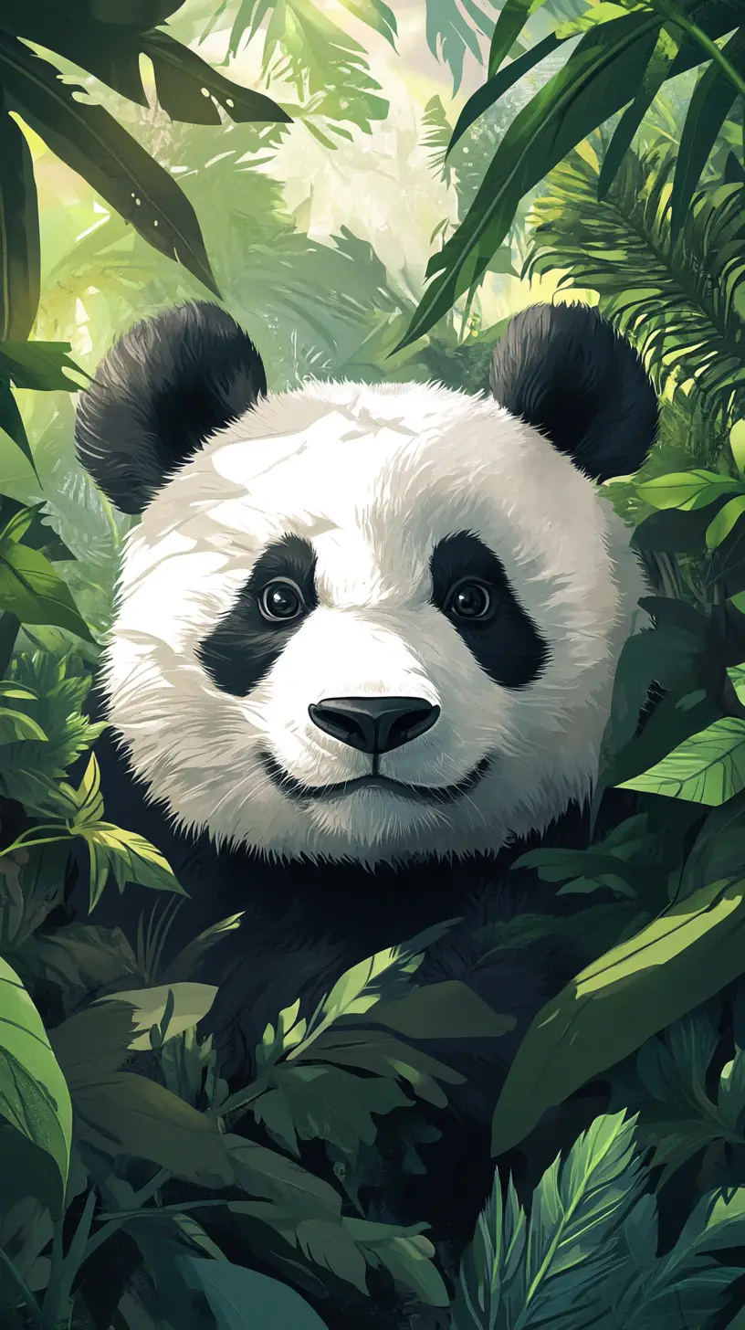 Giant panda close up in lush green rainforest