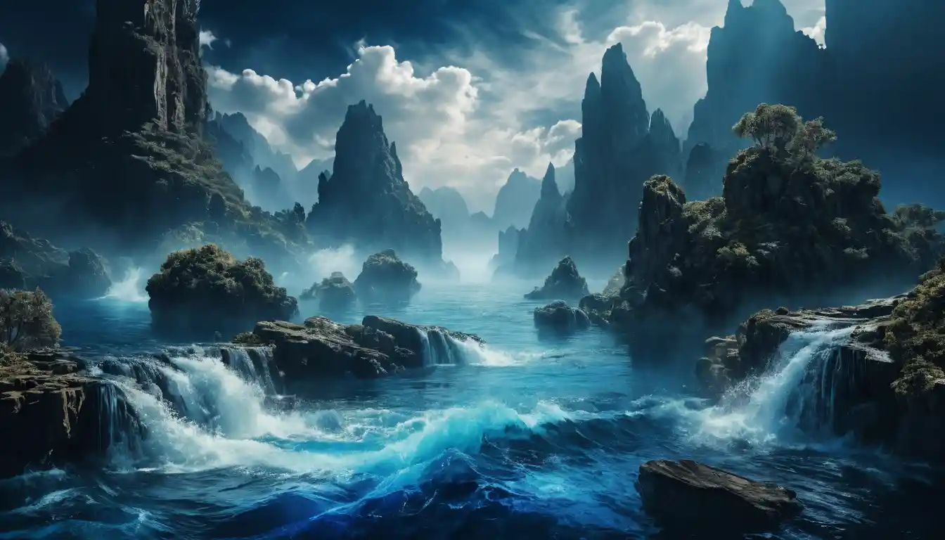 Epic fantasy waterscape with powerful cascading blue water