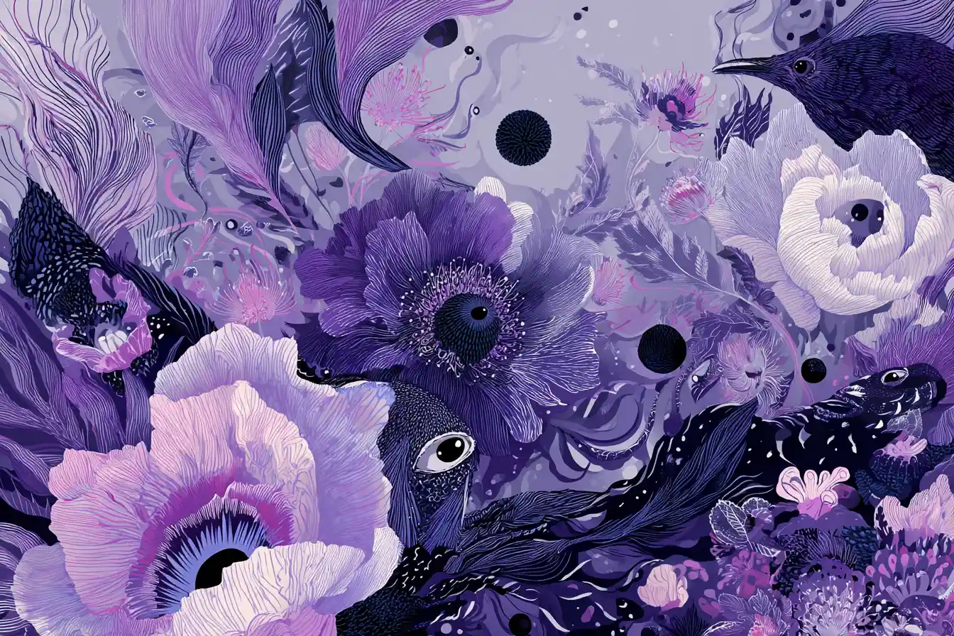 Surreal digital illustration of skulls flowers and watchful eyes