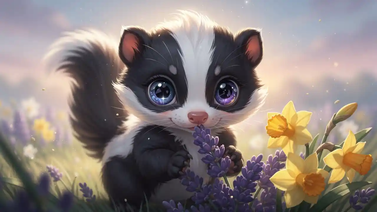 Illustration d’un adorable bébé moufette reniflant de la lavande et des jonquilles