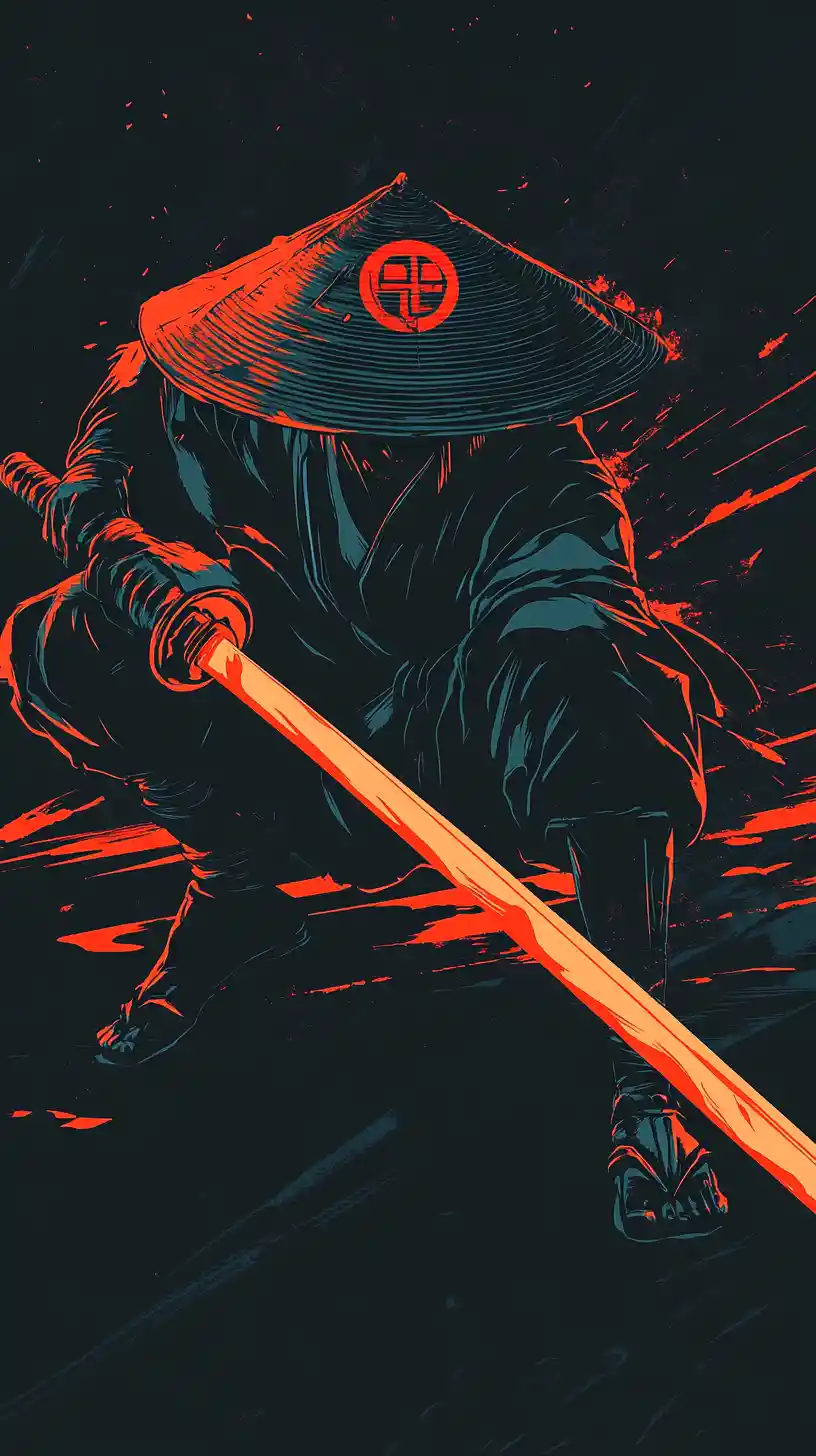 Stoic warrior with katana in bold vector shadows