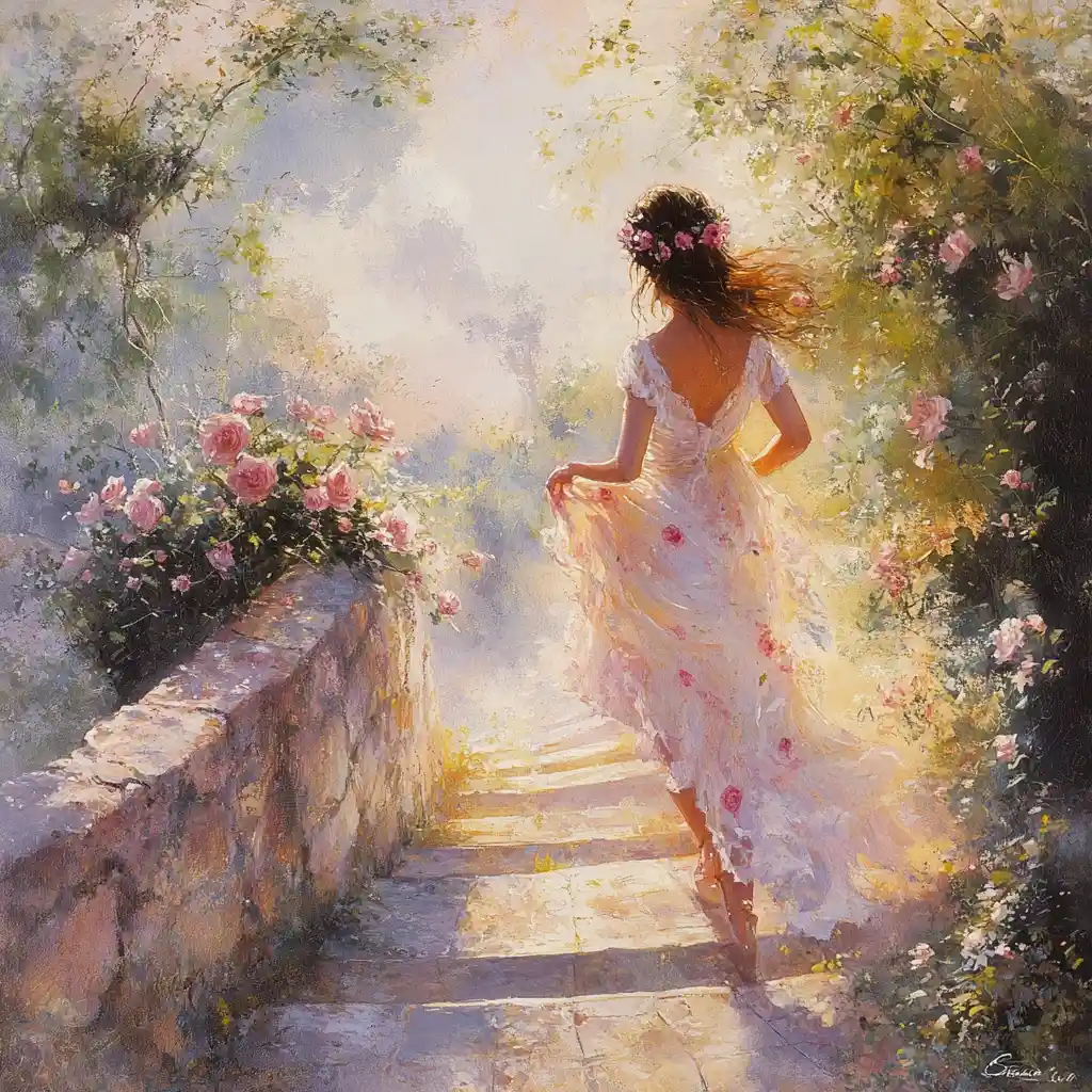 Femme éthérée marchant le long d’un sentier fleuri dans un jardin