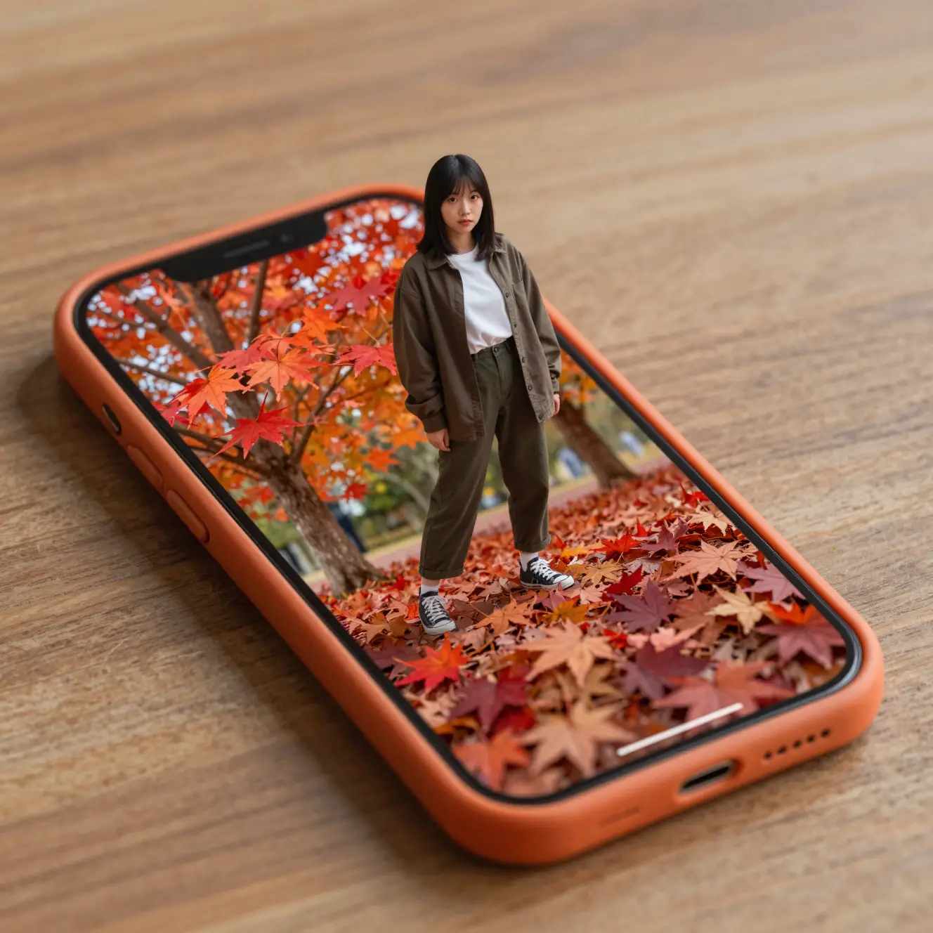 Playful girl standing on smartphone screen with autumn leaves