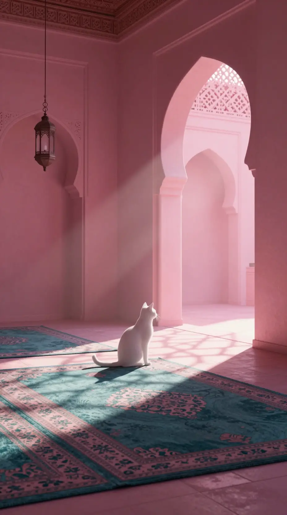 White cat in a pink arched fantasy interior