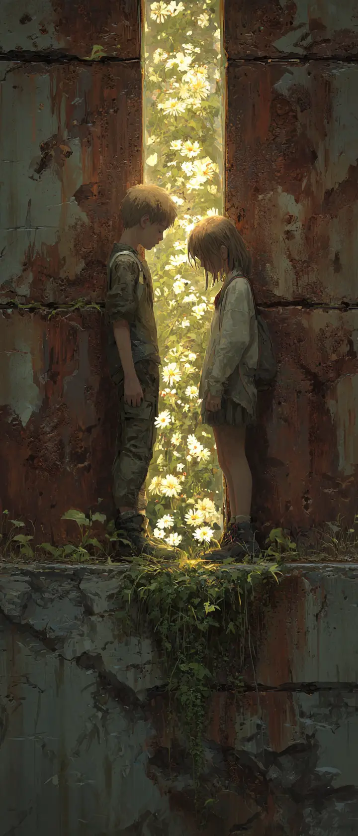 Boy and girl divided by rusted wall and glowing garden