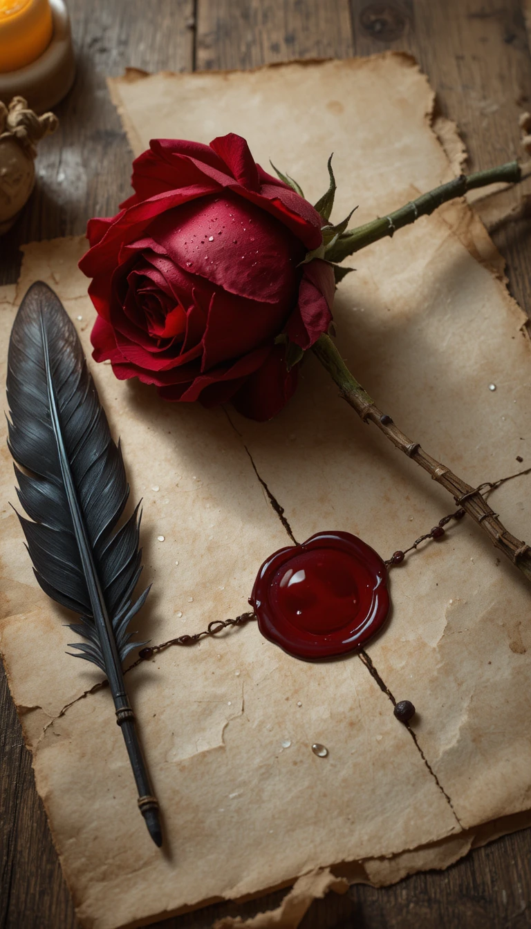 Bodegón romántico con carta de amor, rosas y luz de velas