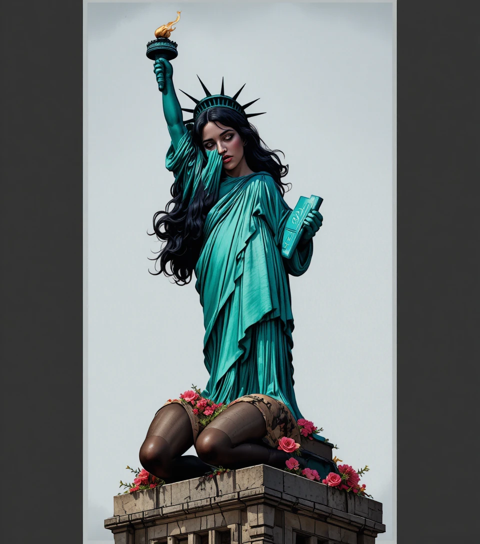 Statua della Libertà triste in ginocchio su piedistallo ornato