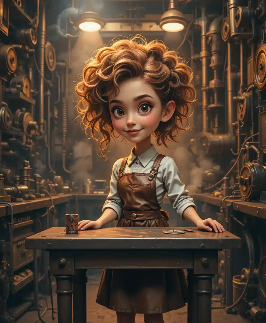 Giovane ragazza giocosa in un laboratorio steampunk fumoso