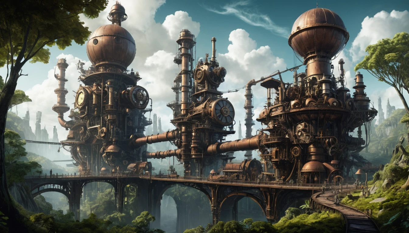 Vasto mundo steampunk industrial que invade antiguas tierras boscosas