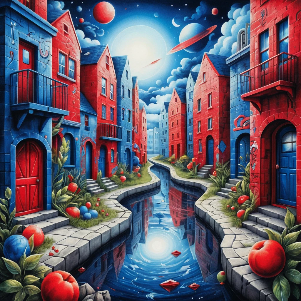 Mural de grafiti surrealista en vibrantes tonos de azul marino y rojo