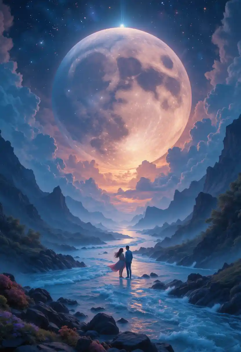 Calm moonlit river stretching wide under the night sky