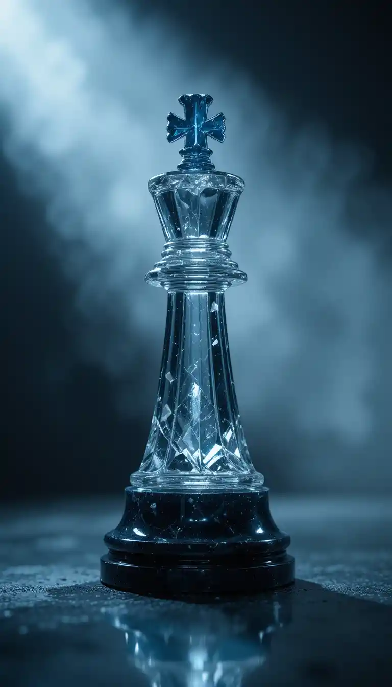 Crystal chess king under dramatic top spotlight