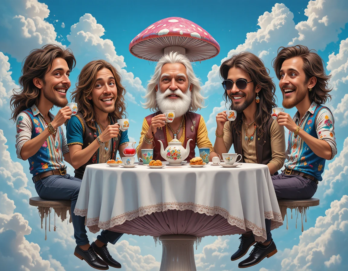 Amigos hippies compartiendo té en una mesa flotante en el cielo