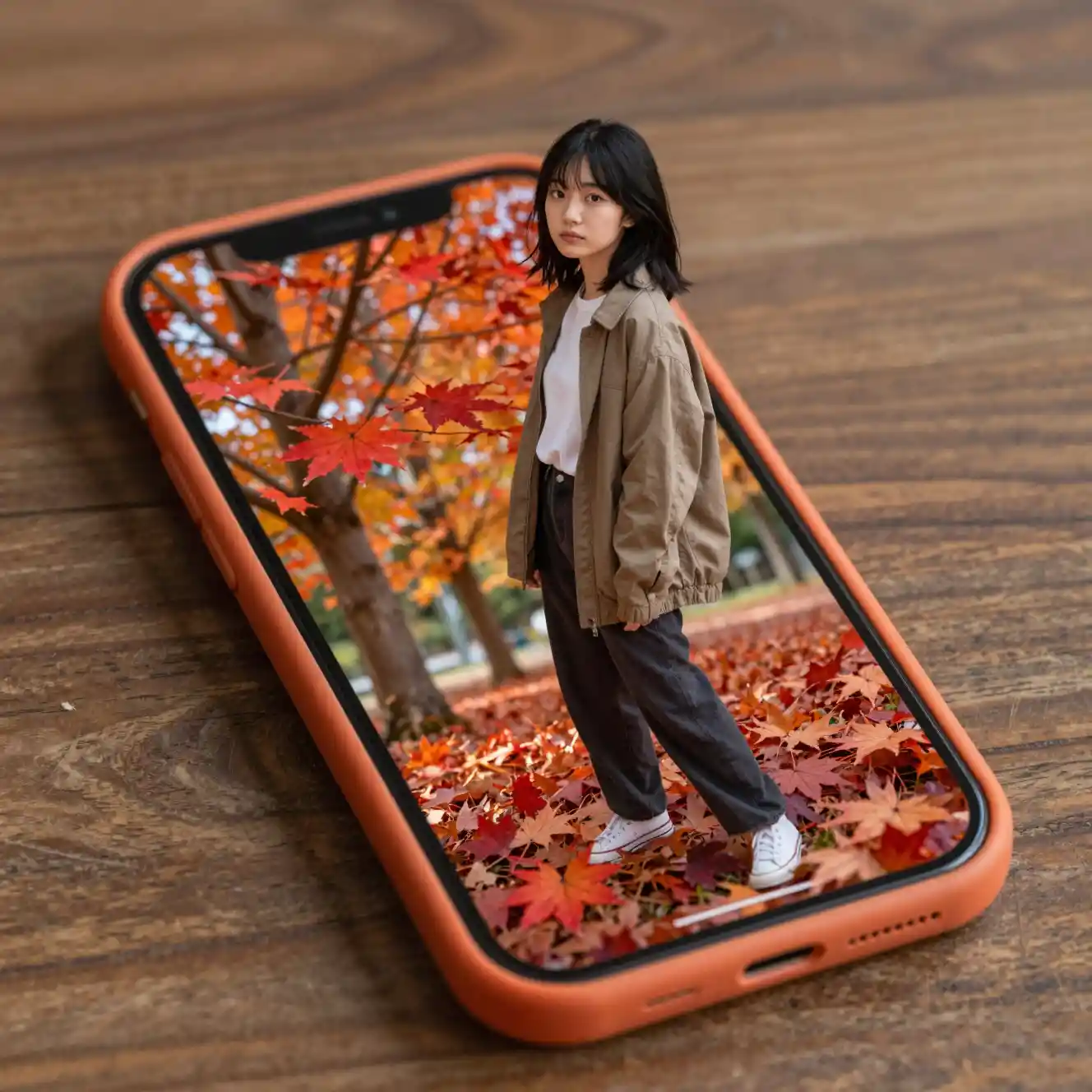 Ragazza in piedi sullo schermo di uno smartphone in un bosco autunnale