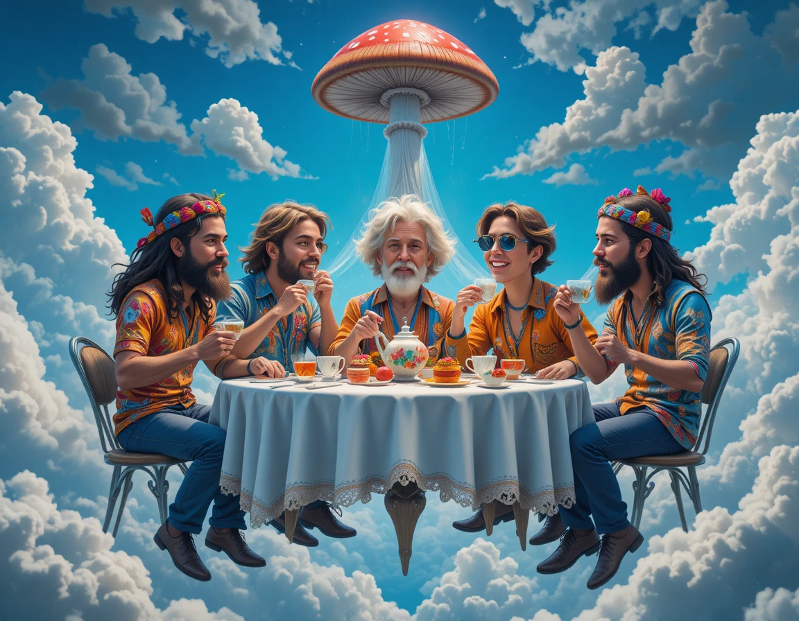 Amigos hippies compartiendo té en una mesa flotante entre las nubes