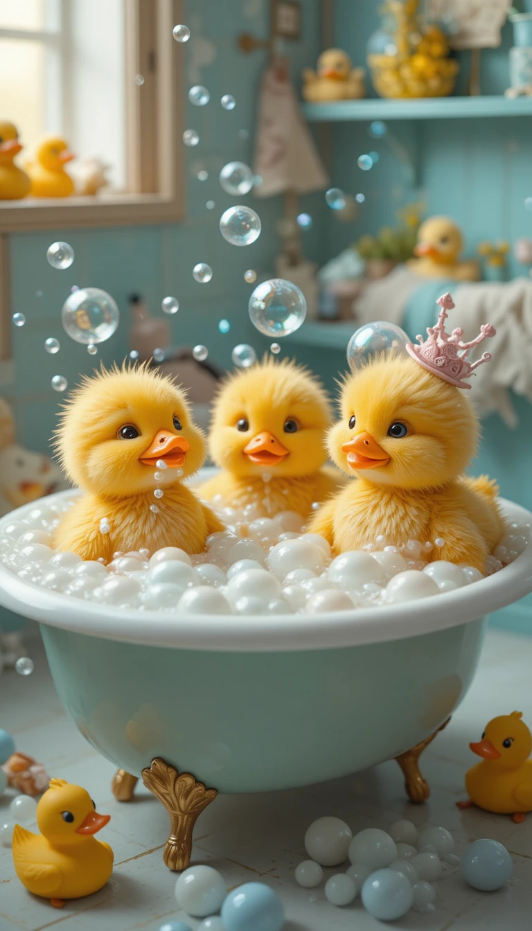 Verspielte gelbe Entenküken in einer schaumgefüllten Teetassen-Badewanne