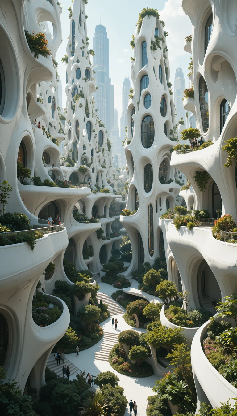 Città futuristica bianca con architettura organica e parco sul tetto