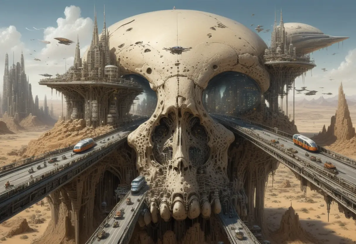 Alien skull megacities rising from a vast desert