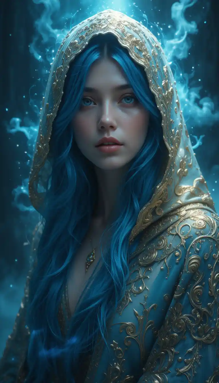 Ritratto di Mistica Donna dai Capelli Blu con Mantello Col Cappuccio