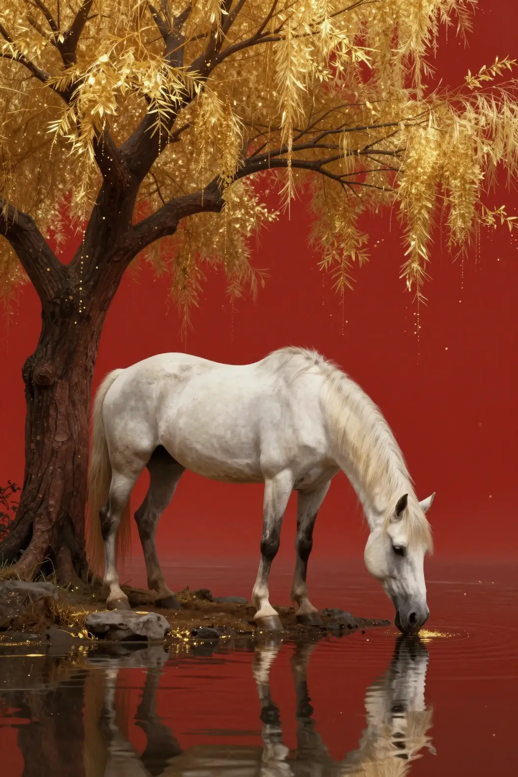 White horse drinking beside a golden fantasy tree