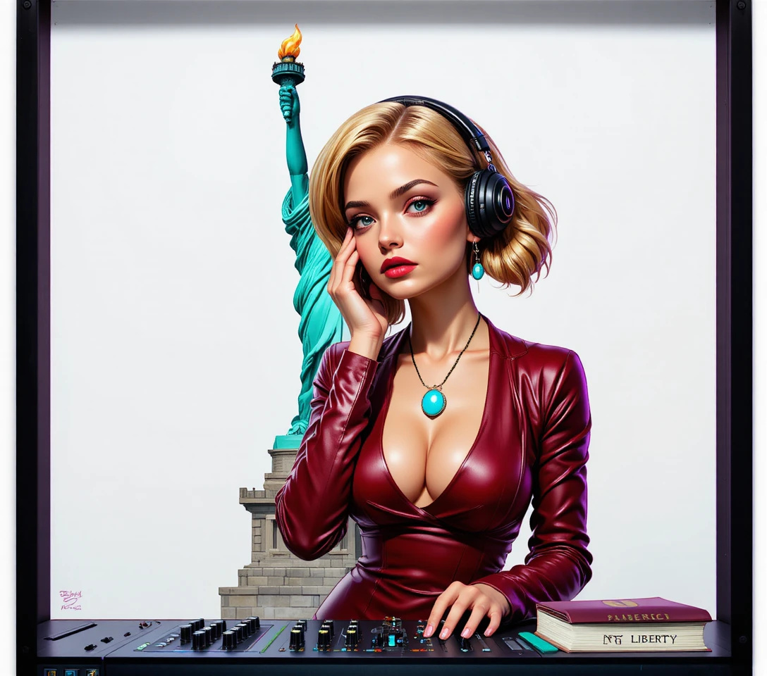 Young blonde dj girl in red dress in crowded nightclub