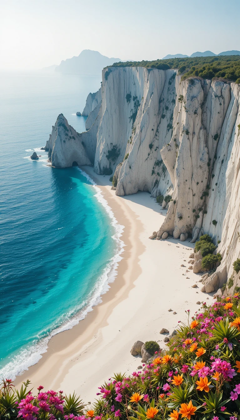 White marble cliffs above a tranquil turquoise sea