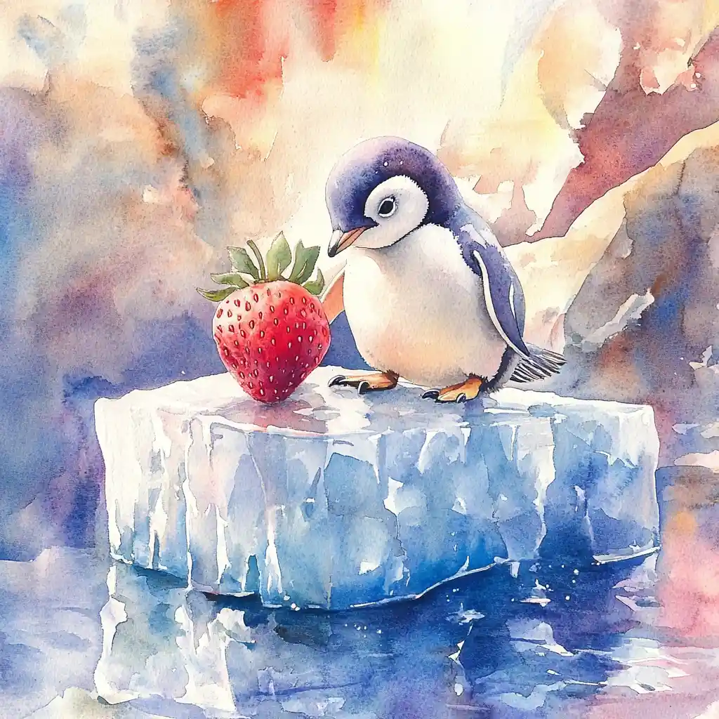 Baby penguin on melting ice holding a ripe strawberry