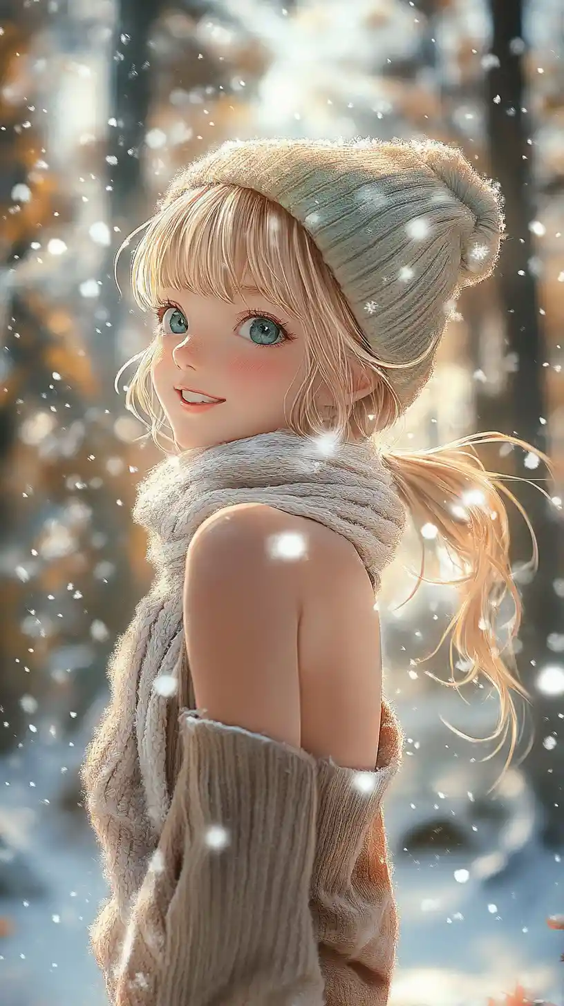 Cheerful Anime Girl Laughing In A Snowy Forest