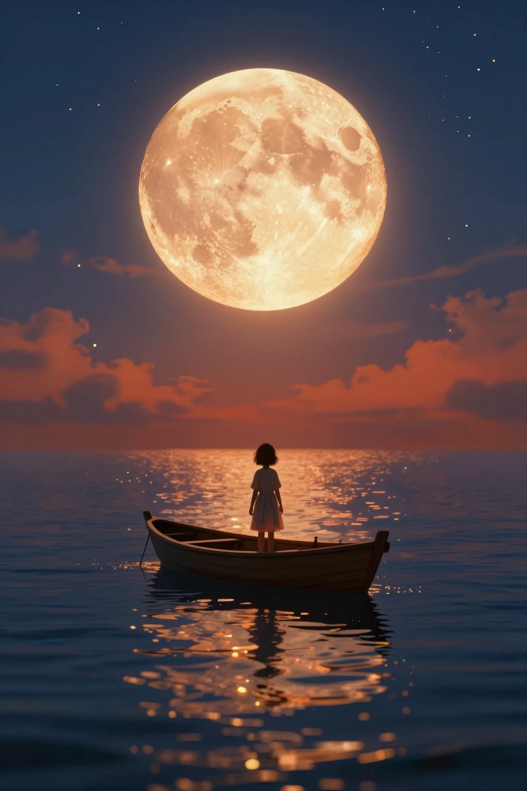 Child in a small boat under a glowing fantasy moon