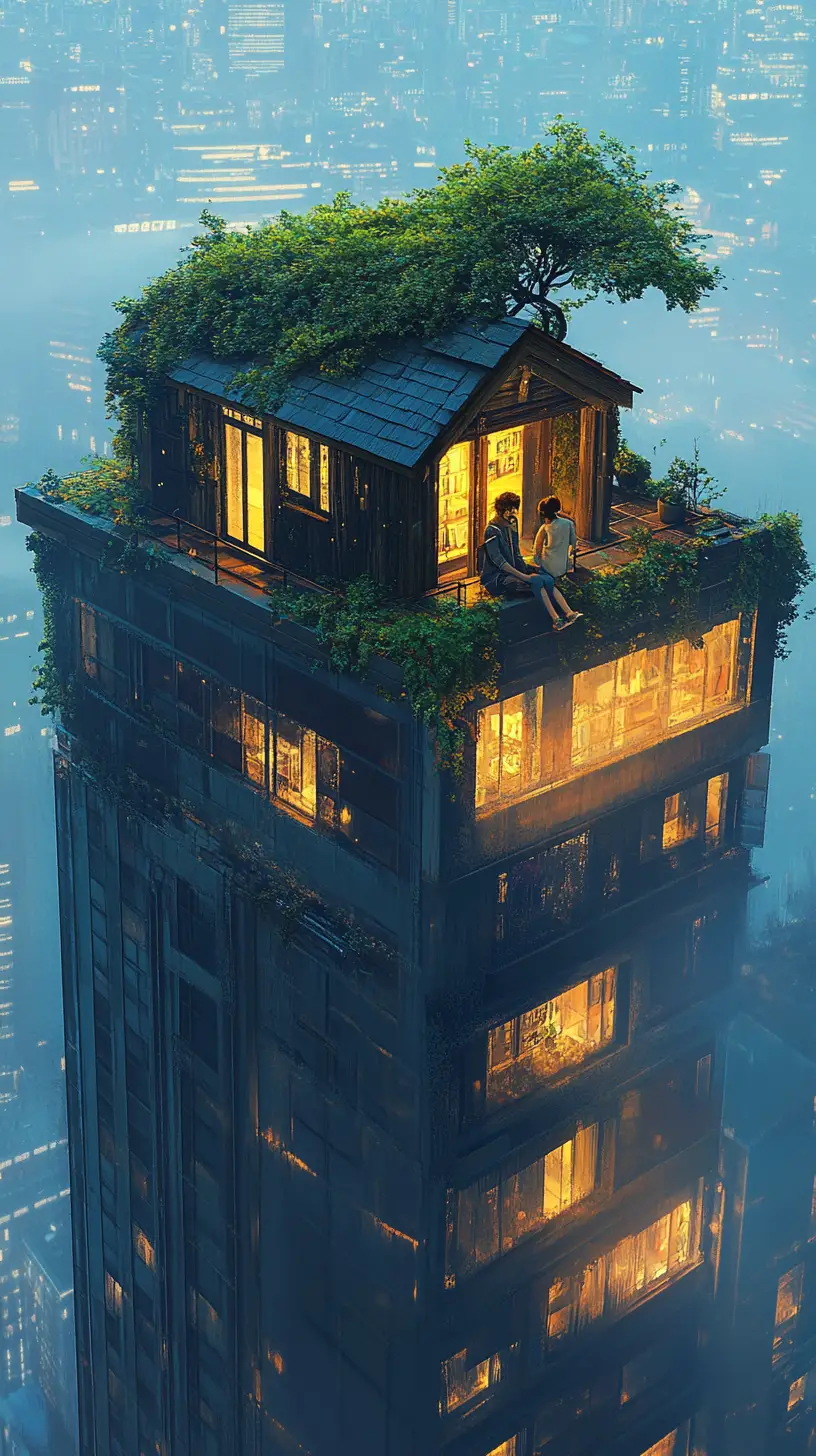 Rustic rooftop cottage above a futuristic foggy city