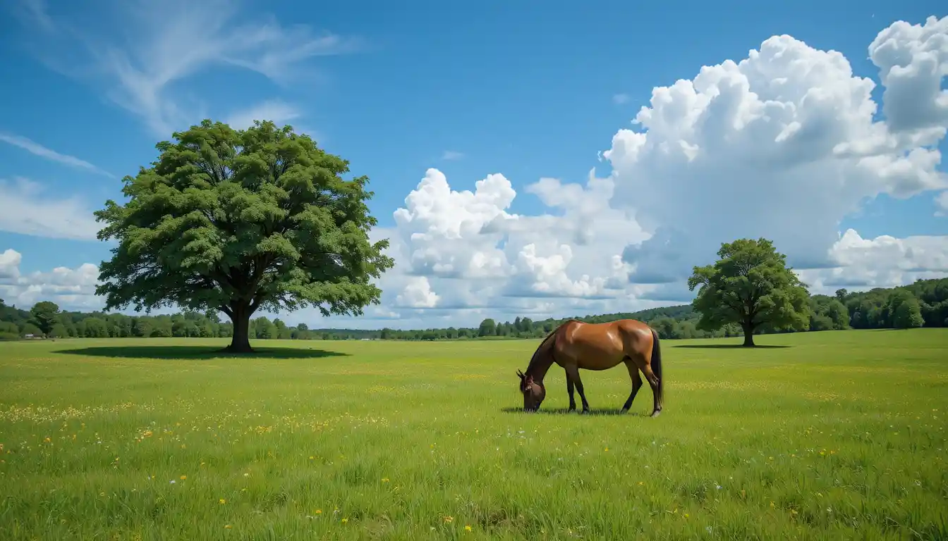 Cavallo solitario che pascola in un prato di campagna verde e rigoglioso