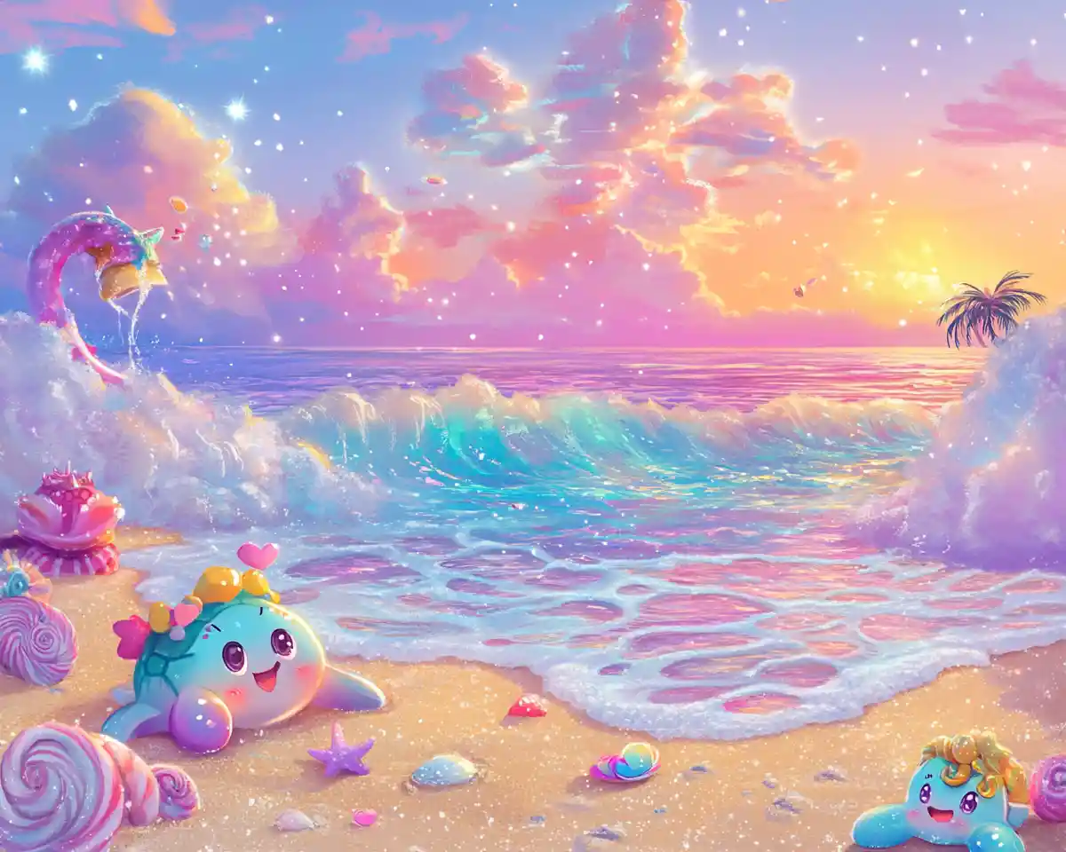 Spiaggia anime fiabesca con tenere tartarughe marine al tramonto