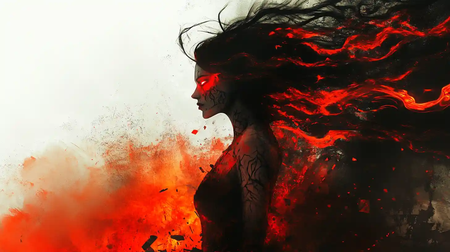 Mystical sorceress dancing amid fiery dystopian ruins