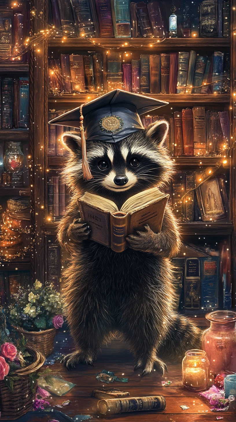 Graduation raccoon with book in a magical library