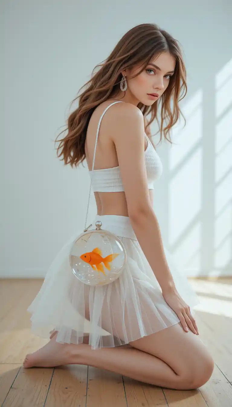 Kneeling fashion woman in white outfit on wooden floor