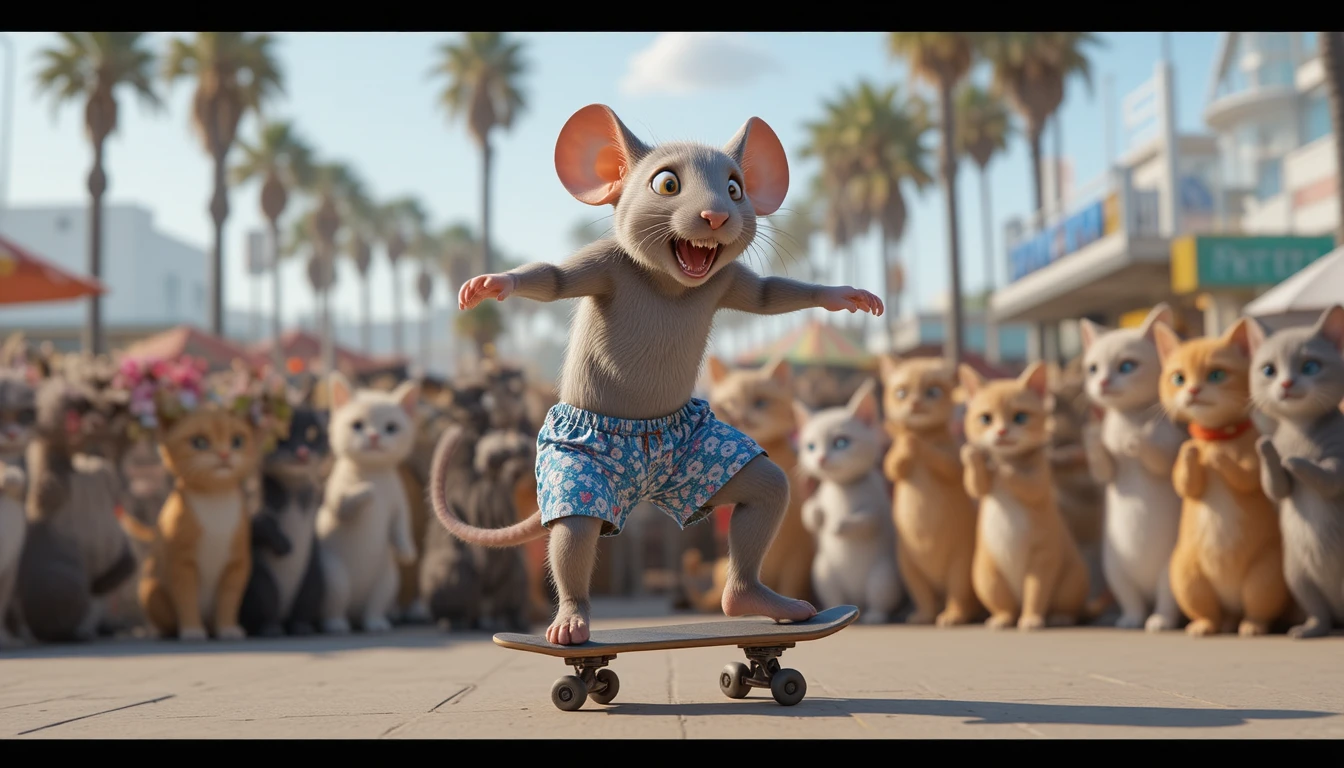Ratón gris haciendo un flip en monopatín en Venice Beach