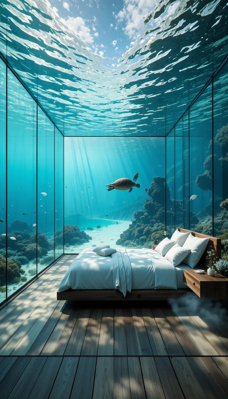 Underwater bedroom with glass walls and coral reef view