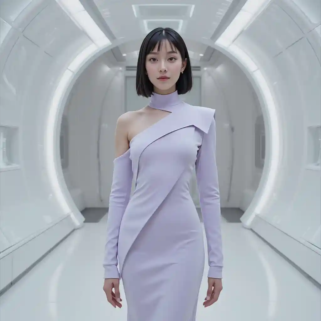 Korean woman in sculptural lavender gown in white lounge