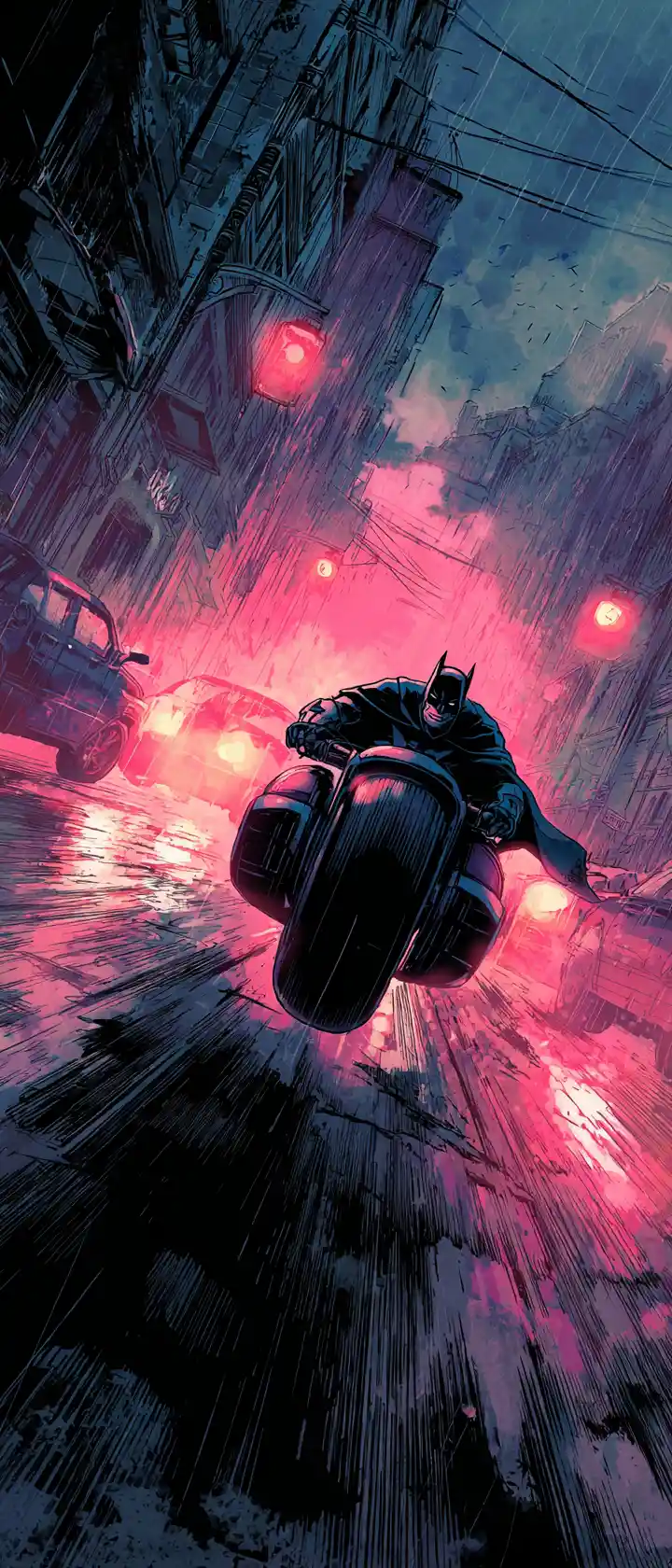 Anime bat hero racing on futuristic motorcycle at night