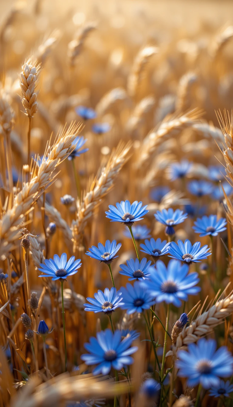 Blue cornflowers among golden wheat in warm sunlight