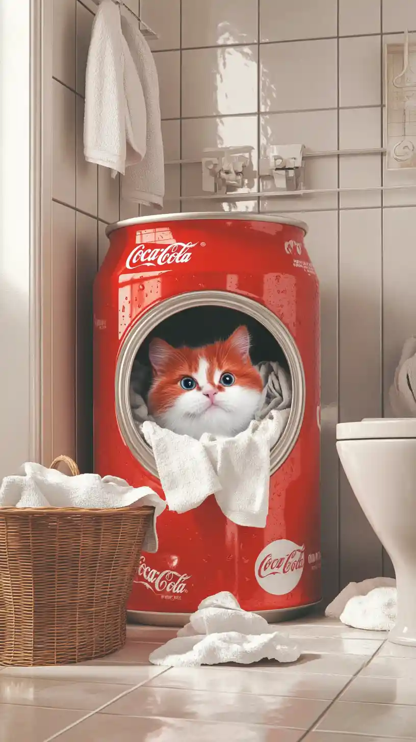 Gato de dibujos animados en lavadora roja en baño luminoso