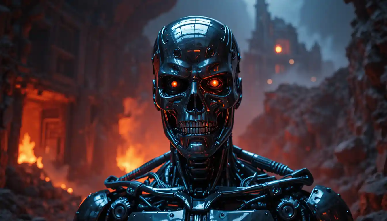 Chrome cyborg staring menacingly in a molten foundry