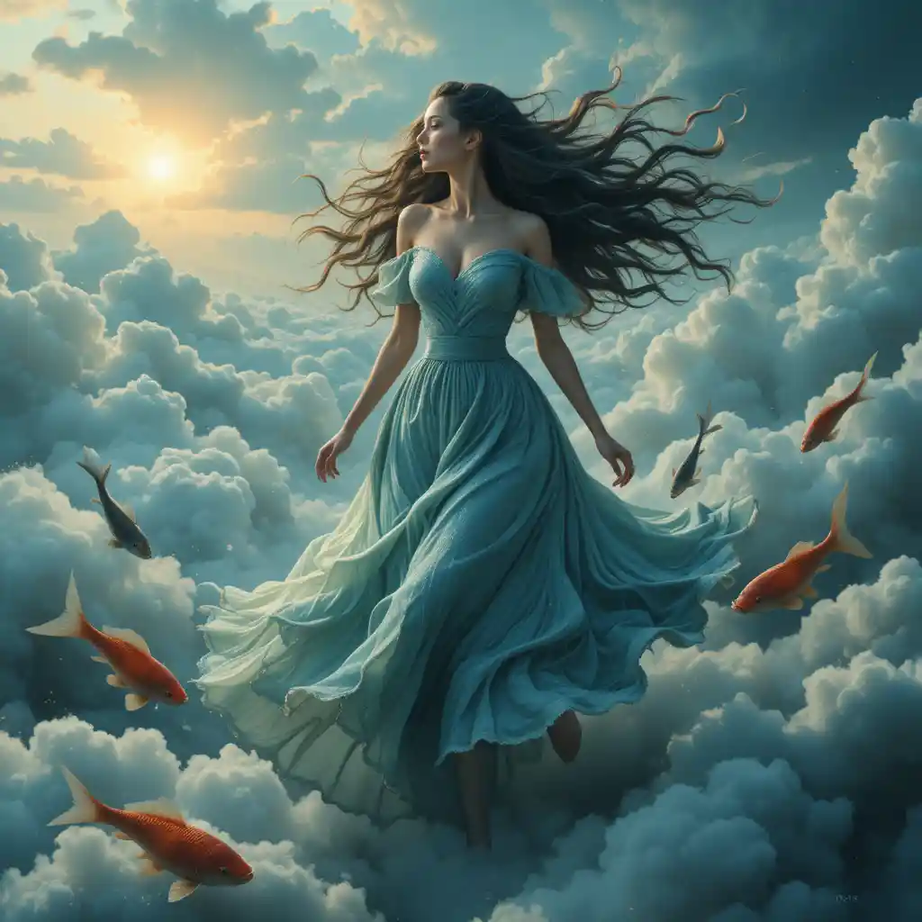 Woman walking on golden clouds with floating sea waves