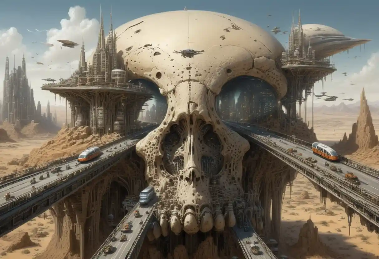 Megaciudades en cráneos alienígenas que se elevan desde un vasto desierto