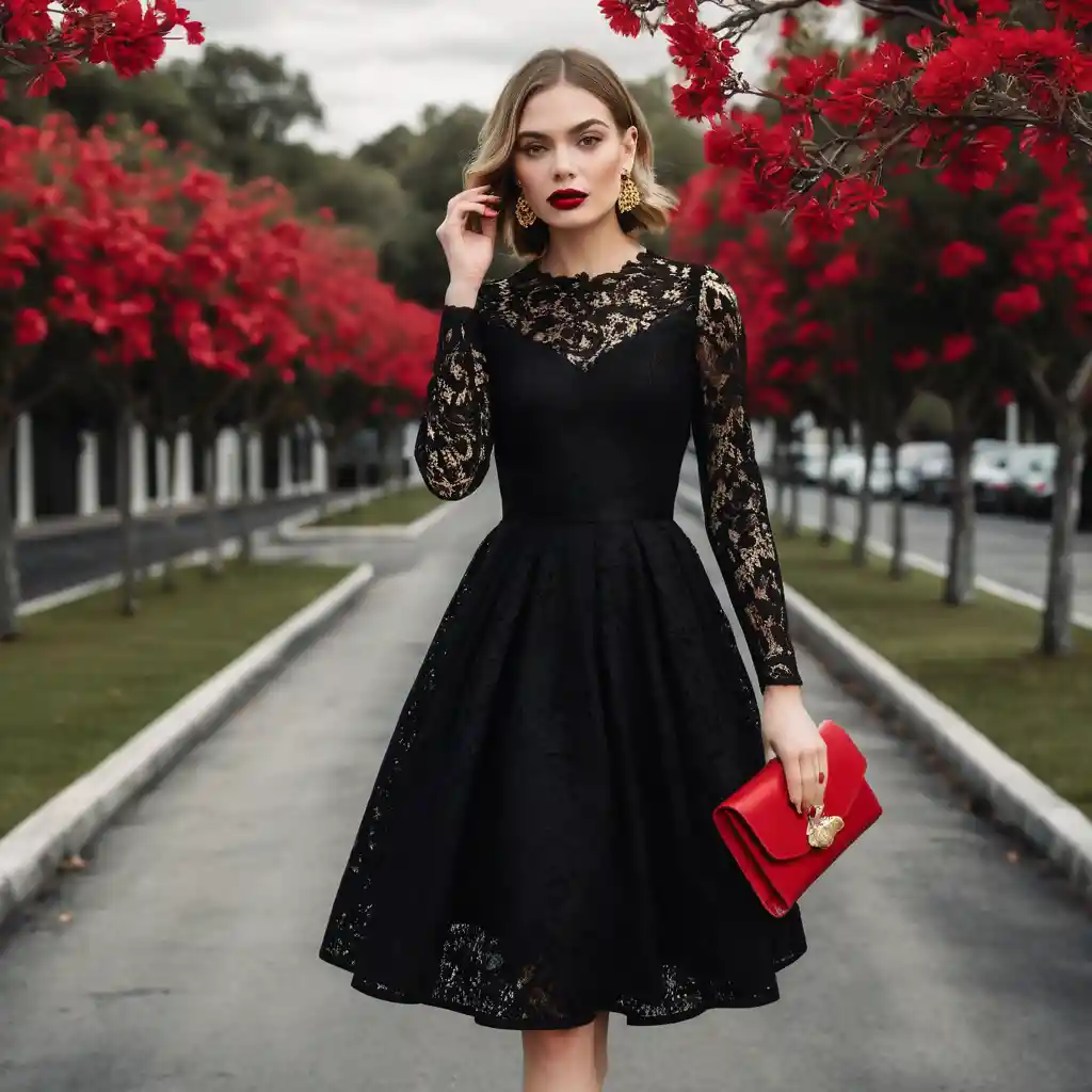 Femme élégante en robe noire en dentelle avec accessoires dorés